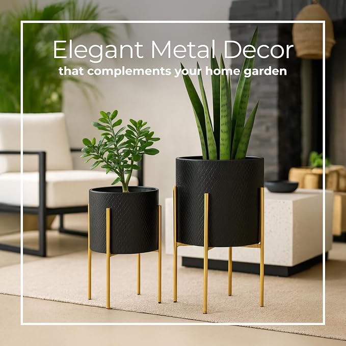 Decorative Flower Pots with Metal Stand for Home Decor - Modern Planters for Hallway, Entryway, and Living Room Decor - Indoor and Outdoor Pots for Plants - Set of 2, 23", 19", Black & Gold