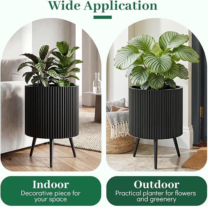 Giantex 16 inch Plant Pot with Stand Set of 2, Mid-Century Modern Fluted Planter with Built-in Drainage Holes, Metal Flower Pot with Tapered Legs for Living Room, Office, Porch, Garden