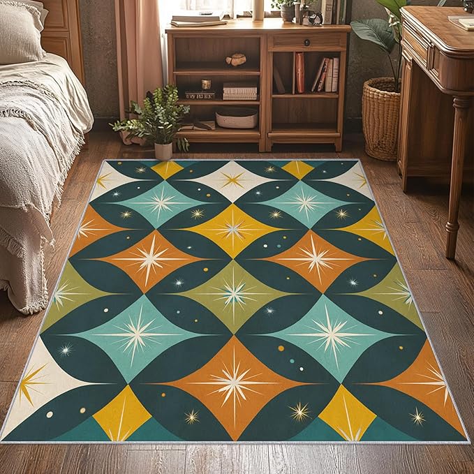 Mid Century Modern Rugs for Bedroom 3x4 ft, MCM Atomic Area Rugs for Living Room, Washable Non Slip Low Pile Abstract Geometric Carpet, Home Decor PF-P 107