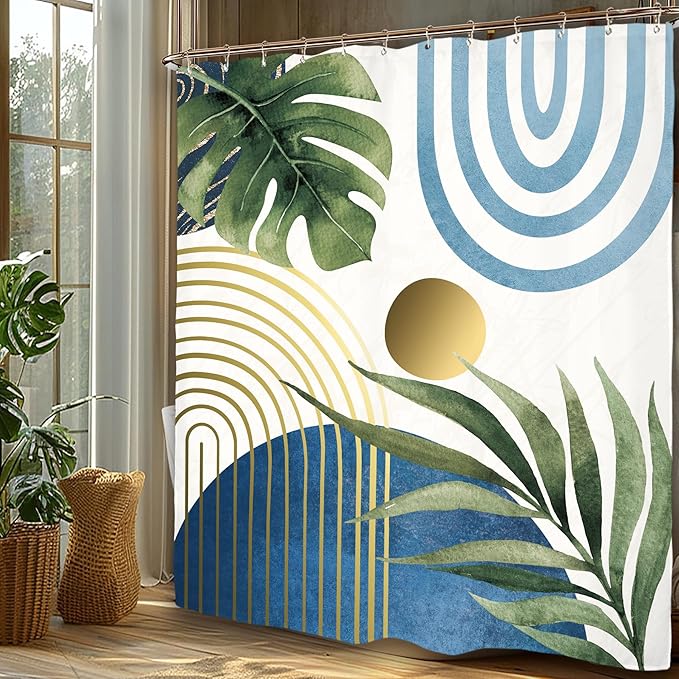 Miyotaa Abstract Blue Modern Shower Curtain Set 60Wx71H Inches Minimalist Aesthetic Mid Century Contemporary Plant Monstera Leaves Polyester Waterproof Bathroom Curtain with 12 Hooks
