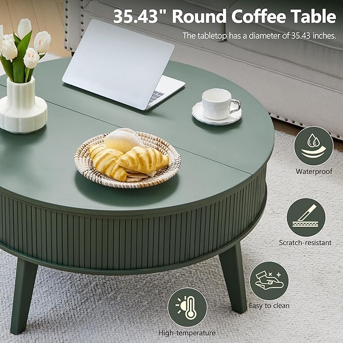Round Lift Top Coffee Table with Storage, 35.4'' Fluted Wood Center Table Mid Century Modern Coffee Table with Lifting Top for Living Room, Office, Small Space (Green)