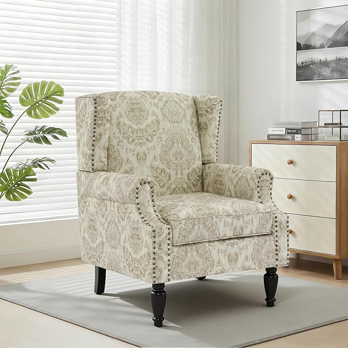 Wingback Chair, High Back Floral Accent Chair in Fabric, Comfy Upholstered Armchair with Nailhead Trim for Living Room, Single Sofa Reading Chair for Small Spaces, Bedroom-White