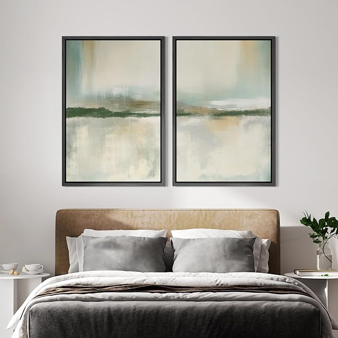 IDEA4WALL Framed Canvas Print Wall Art Set Serene Lake Landscape Abstract Illustrations Modern Art Decorative Coastal Cottage Seascape for Bedroom - 24"x36"x2 Black