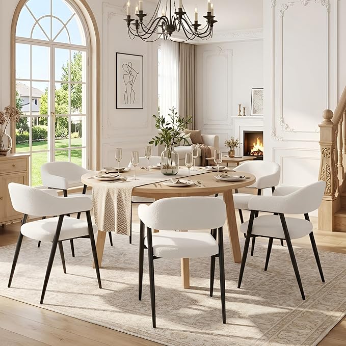 HNY Modern Dining Room Arm Chairs Set of 6, Faux Sherpa Boucle Upholstered Barrel Dining Chairs with Arms Mid-Century White Accent Chair with Metal Legs, Open-Back Kitchen Side Chair for Living Room