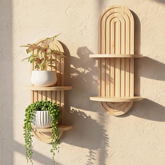 Boho Wall Shelves with Arched Wooden Design, Mid Century Modern Decor Plant Wall Shelf Set of 2, Double Floating Shelves for Home Living Room Bathroom Bedroom, 23.6 x 11.8 Inches (Natural)