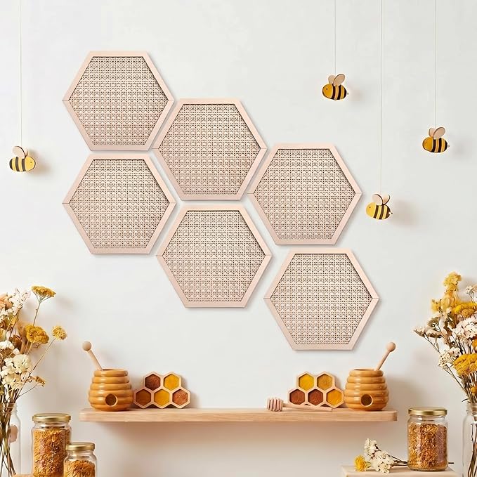 Ripeng 6 Pcs Honey Comb Decorations 11.8 Inch Hexagon Wall Decor Farmhouse Wood Earthy Hexagon Wall Panels Modern Hollow Carved Design Rustic Abstract Decor for Living Room Kitchen(Hollowed Style)