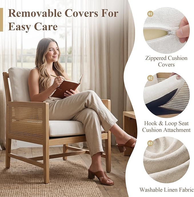 chairus Mid-Century Modern Accent Chairs Set of 2, Upholstered Solid Wood Armchairs with Cane Armrests & Slat Back, Comfy Rattan Reading Chairs for Living Room Bedroom Guest Room, Cream White Linen