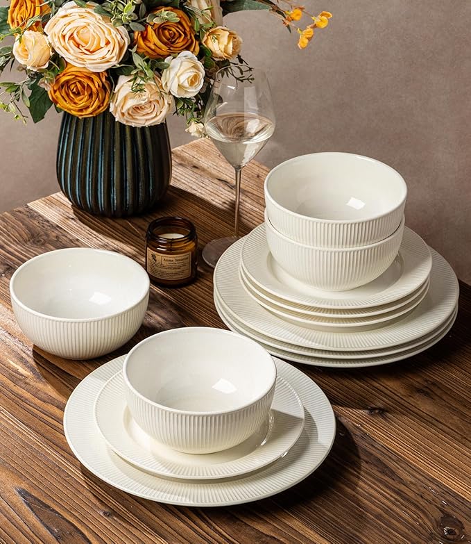 TheTerra Stoneware Dinnerware Sets for 6, 18 Pieces Ceramic Plates and Bowls Sets, Scratch Resistant Embossed Dish Set, Oven, Microwave & Dishwasher Safe, Reactive White