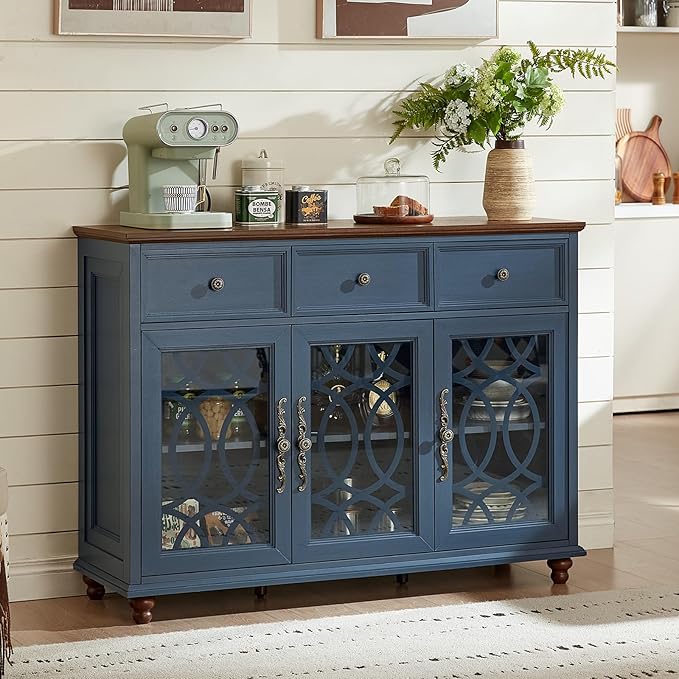 Large Sideboard Buffet Cabinet Set of 2 with Storage,48" Credenza with 3 Glass Doors & 3 Drawers,Adjustable Shelves Coffee Bar,Wood Kitchen Console Table for Dining Room,Blue