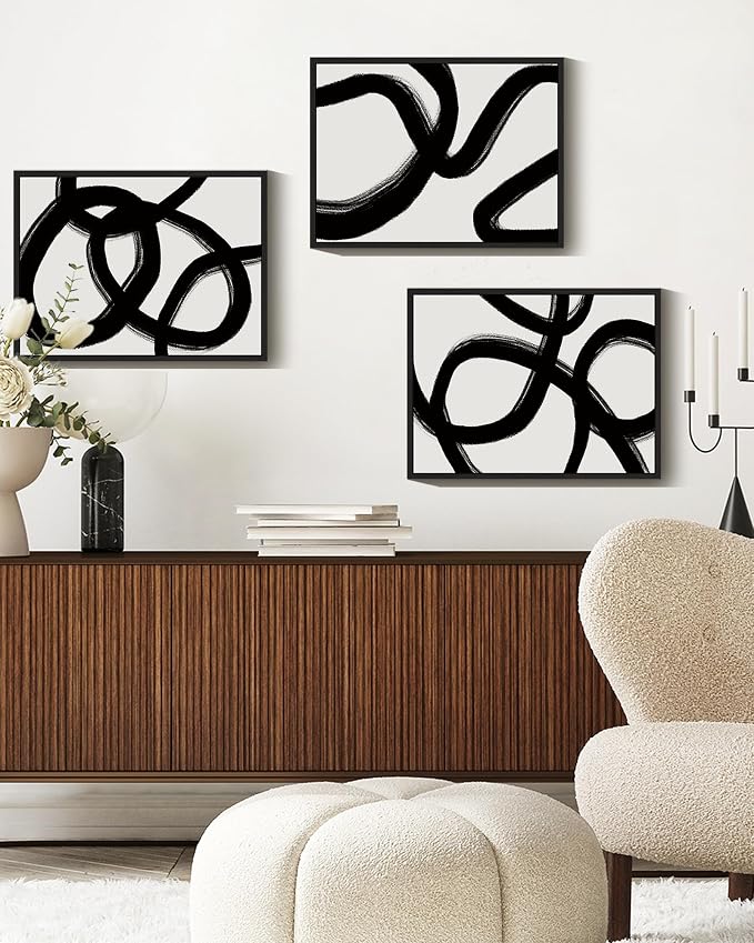 Drsoum Black and Gray Abstract Framed Wall Art Decor Duotone Minimal Dark Brush Stroke Prints Shapes Illustrations Modern Art Decorative Ready To Hang - 11x14in Black Framed