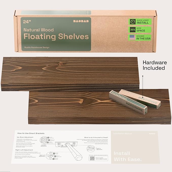 BAOBAB WORKSHOP Wood Floating Shelves, Bathroom Shelf 24 inch, Walnut Floating Shelf for Wall Mounted, Solid Wooden Wall Shelves for Bedroom Kitchen, Walnut Finish, 24 x 6.7, Set of 2