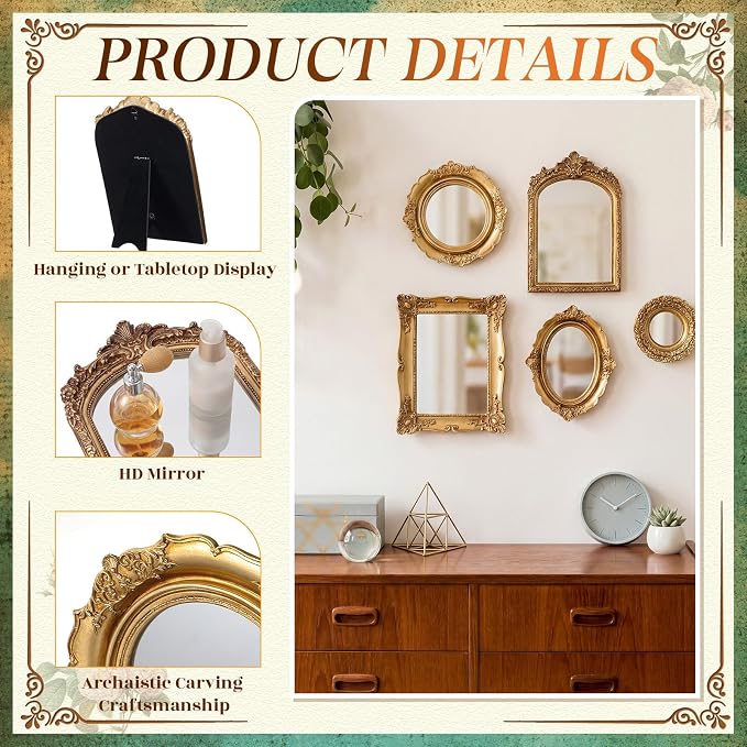 5 Pcs Vintage Gold Mirror Luxury Set Small Gold Mirrors Gallery Wall Mirror Hanging Antique Art Decor for Wall Living Room Entryway Assorted Sizes (10in/8in/7in/4in,Stylish Style)