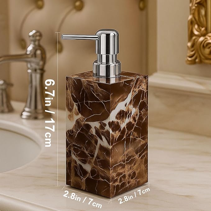 2 Pack Real Natural Marble Soap Dispenser with Stainless Steel Pump Decorative Liquid Hand Soap Bottle for Kitchen Bathroom, Compatible with Lotion, Dish Soap Shower Gel (Brown 2 Set)