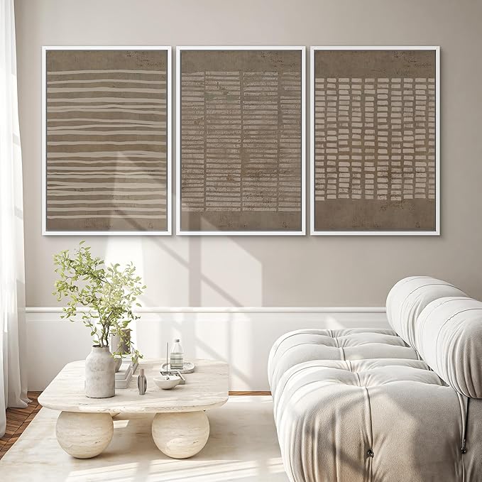 SIGNWIN Framed Canvas Print Wall Art Set Grunge Geometric Brown Line Art Graffiti & Street Art Abstract Illustrations Modern Art Decorative Nordic for Living Room, Bedroom, Office - 24"x36"x3 White