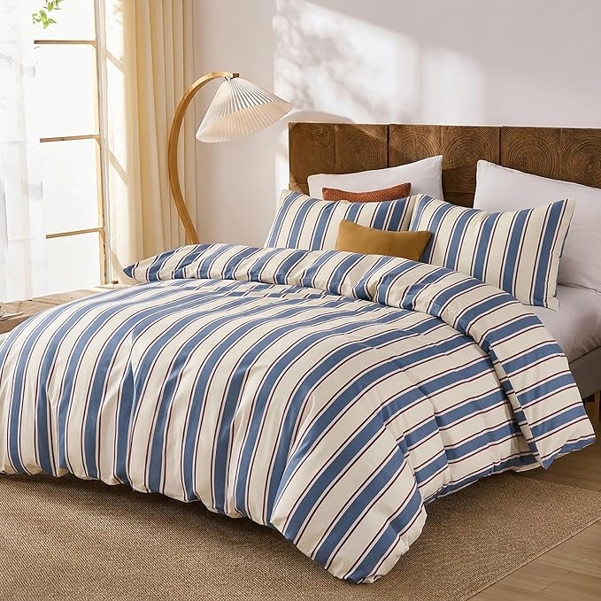 Merryword 100% Cotton Duvet Cover Set Queen Size - Blue & White Cabana Striped Bedding Set with Zipper & Corner Ties, 3-Piece Luxury & Silky Soft Bedding Set for All Seasons