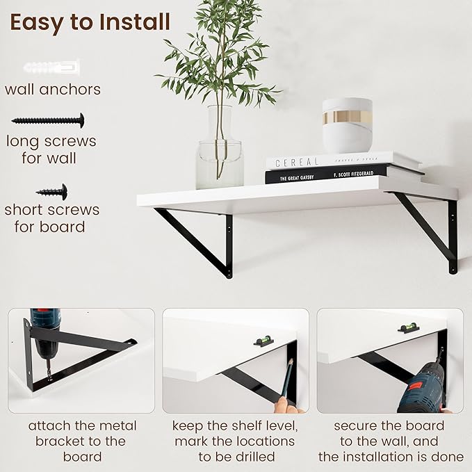 Axeman Floating Shelves for Wall White - 24 Inch Wide x 12 Inch Deep Wall Shelves Set of 2 - White Deep Wood Floating Shelves for Living Room Bedroom Laundry Room