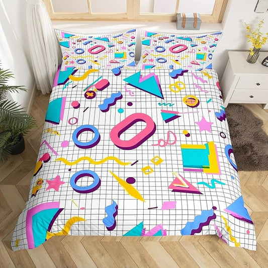 80s 90S Fashion Style Bedding Set Queen Size,Retro Memphis Style Pattern with Geometrical Shapes Duvet Cover for Kids Child,Funky Hipster Old Fashioned Comforter Cover Geometric Bedroom Decor