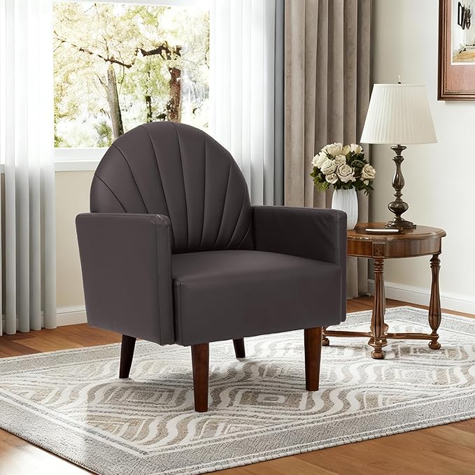 Mid-Century Accent Chair, Faux Leather Armchair - Shell-Shaped Back Waterproof PU Leather Modern Retro Lounge Chair for Living Room, Office, Bedroom & Waiting Room