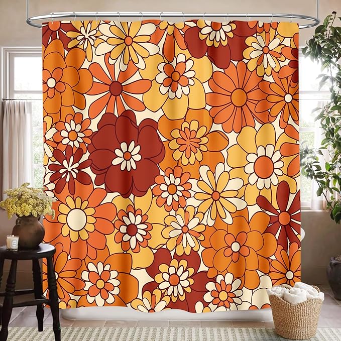 Groovy Floral Shower Curtain for Bathroom,Rustic Vintage Hippie Orange 70s Daisy Floral Flower Funky Trippy Cute Boho Waterproof Fabric Shower Curtain Set with Hooks, 72"x72"