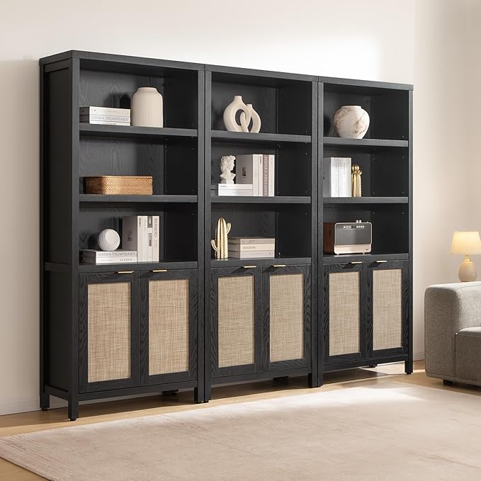 SICOTAS Bookcase 71" Tall Bookshelf 5 Tier Rattan Boho Bookcase with Doors Storage Large Book Case Shelf Farmhouse Bookshelves Library Book Shelves for Living Room Bedroom Home Office Kitchen