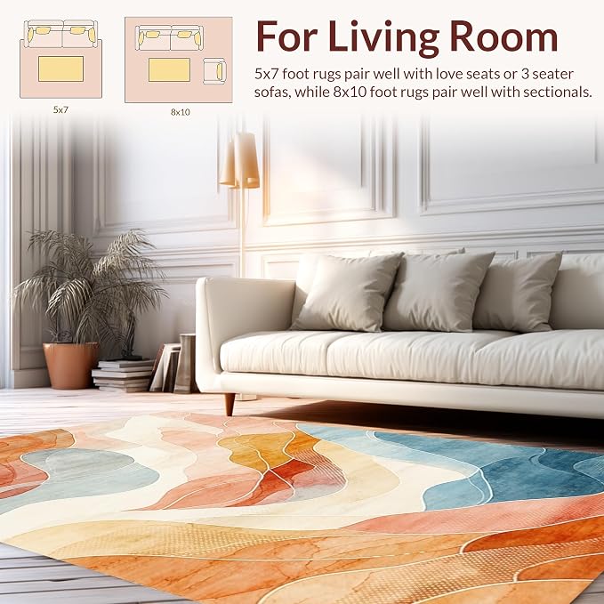 Flatwoven High Traffic Area Rug 4x6, Abstract Area Accent with Wave, Non Slip, Stain Resistant, Washable Area Rugs for Living Room, Bedroom (Orange, 4x6)