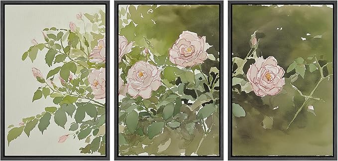 wall26 Framed Print Wall Art Set Blush Pink Rose Garden Botanical Decorative Minimal Relax/Zen for Living Room, Bedroom, Office - 16"x24"x3 BLACK