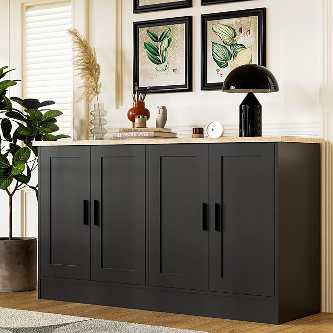 Anystyle 53" Black Buffet Cabinet with Storage, Modern Kitchen Sideboard with 4 Doors & Adjustable Shelves, Entryway Credenza & TV Console Table for Living Room, Dining Room
