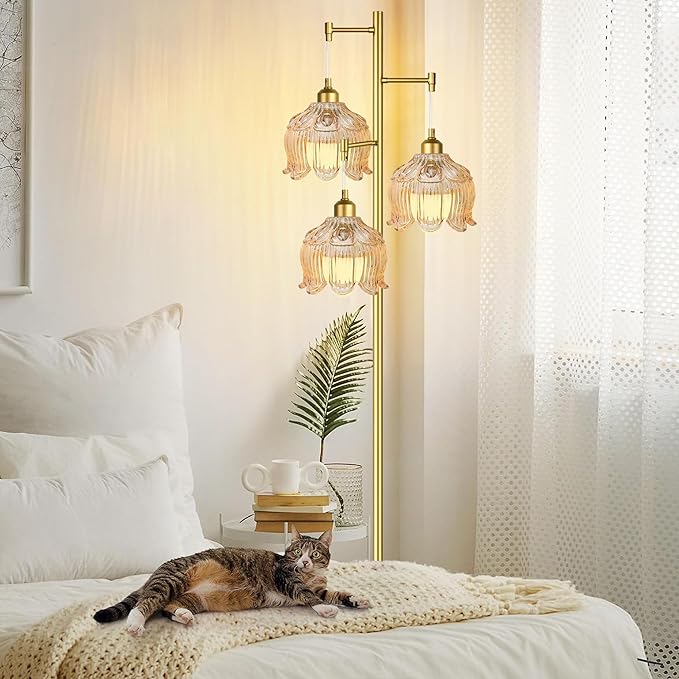 Glass Floor Lamp for Living Room,Bedroom,Mid Century Modern Standing Lamp Black Tree 3 Light Tall Floor Lamps Vintage Retro Floor Lights Green Lamp Shade Farmhouse Boho Bohemian