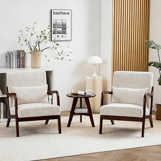 Accent Chairs Set of 2, Mid Century Modern Chair with Pillow, Arm Chair with Solid Wood, Reading Relaxing Leisure Chair for Living Room, Waiting Room, White