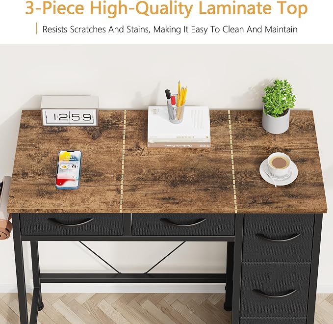 HIGDBFE Small Desk with 5 Fabric Drawers, 33 Inch Writing Desk for Home Office, Simple PC Desks for Small Place, Kids Girls Teen Study Table Vanity for Bedroom, Dorm, Rustic Brown, 14" D