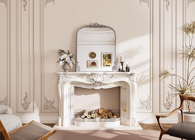TETOTE Silver Arched Mantle Fireplace Mirror 30 x 36 Vintage Antique Silver Traditional Baroque Ornate Arch Mirror for Bathroom Living Room Bedroom, French Cleat Mount