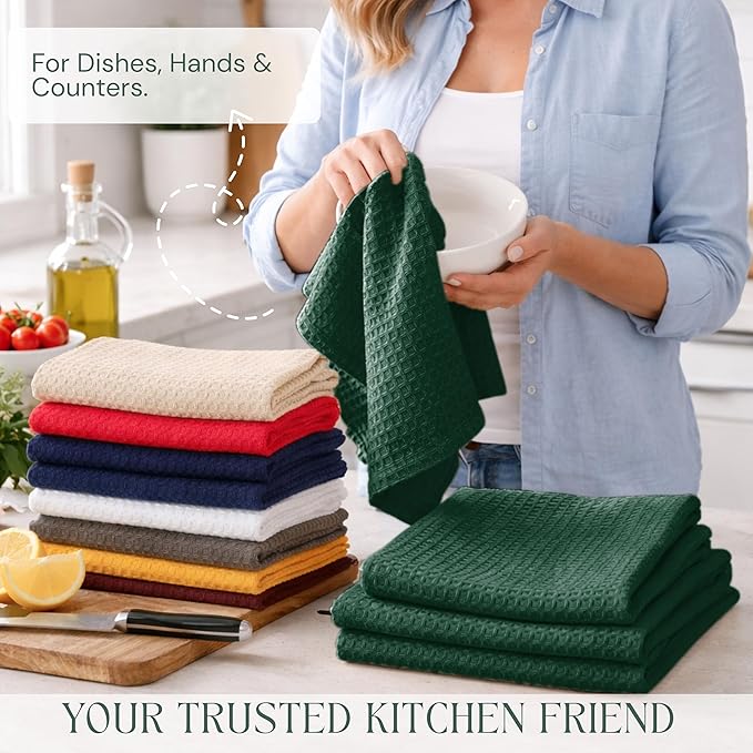 Forest Green Kitchen Towels – Waffle Weave, 100% Cotton, Soft & Absorbent, Fast Dry, Durable, 16x26 Inches, Perfect for Dish Drying, Cleaning, and Everyday Use, Set of 4, Olive Green