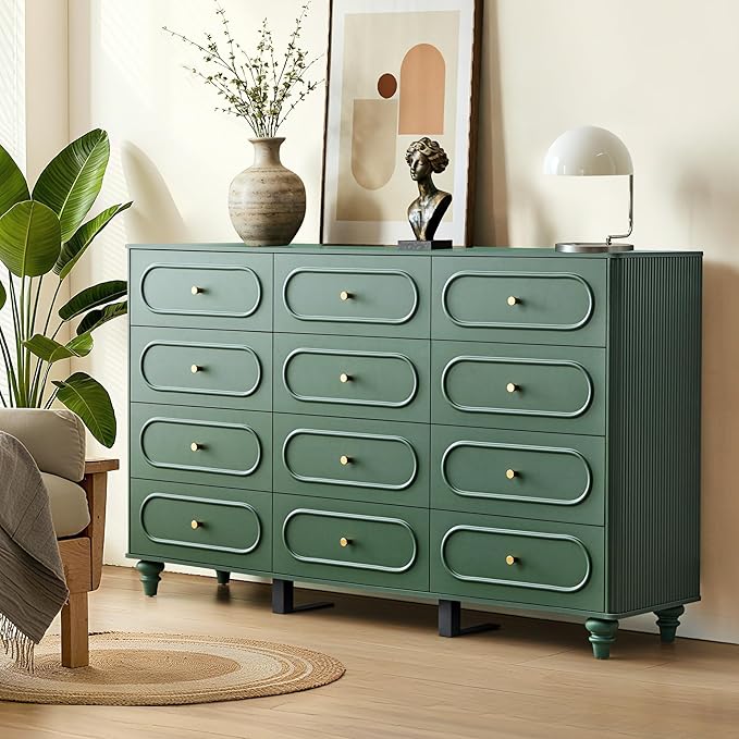 ORRD 12 Drawer Fluted Dresser for Bedroom, Mid Century Modern Chest of Drawers, Wood Storage Small Dresser Organizer for Bedroom Living Room Hallway Closet, Green