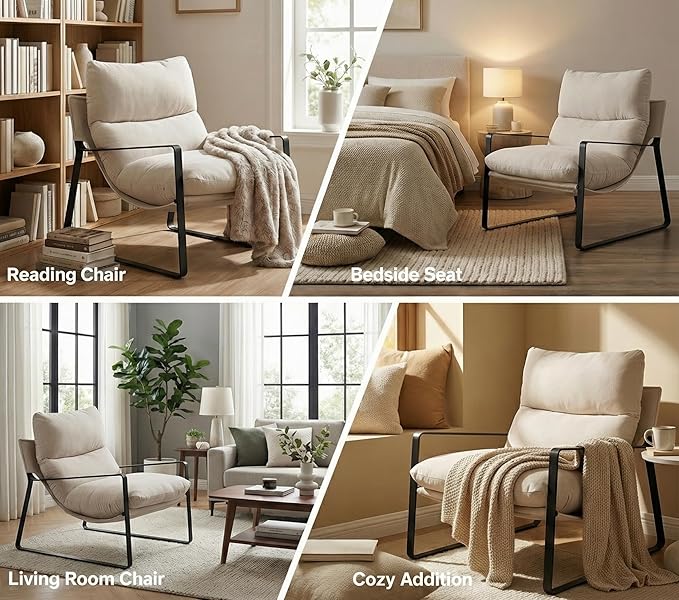LukeAlon Modern Linen Accent Armchair, Upholstered Soft Living Room Chair with Metal Base Removable Thickened Cushion Single Sofa Chair Comfy Lounge Chair for Bedroom Living Room, White