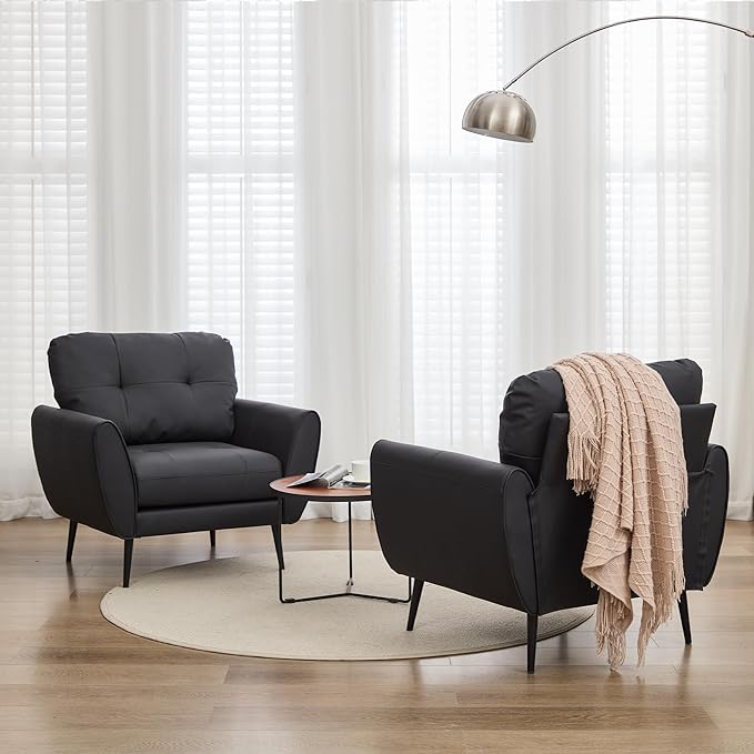 TYBOATLE Accent Chairs Set of 2, Comfy Modern Living Room Chair Black Leather Reading Accent Chairs Tufted Mid Century Arm Chair Small Salon Chair for Office Bedroom (2, Black)