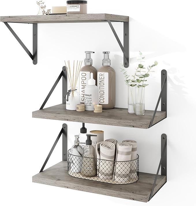 Heimlove Floating Shelves for Wall Set of 3,Light Wood Wall Mounted Bookshelf Decorative Shelf for Living Room Bathroom Bedroom Kitchen Laundry Pictures Plants Books Cats TV,Silver Grey