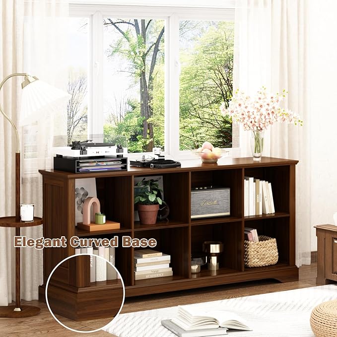 8 Cube Storage Organizer - 62" Long Farmhouse Wood Low Bookshelf, Horizontal Open Shelf Bookcase Cubby Storage Console Cabinet for Living Room, Entryway, Office, Walnut