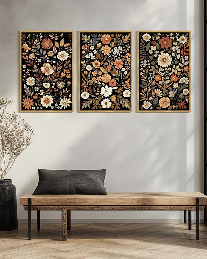 KUVIOKE Orange Vintage Flower Framed Wall Art Boho Floral Wall Decor Retro Wildflower Modern Art Prints for Living Room Bedroom 24x36in (Natural Framed)
