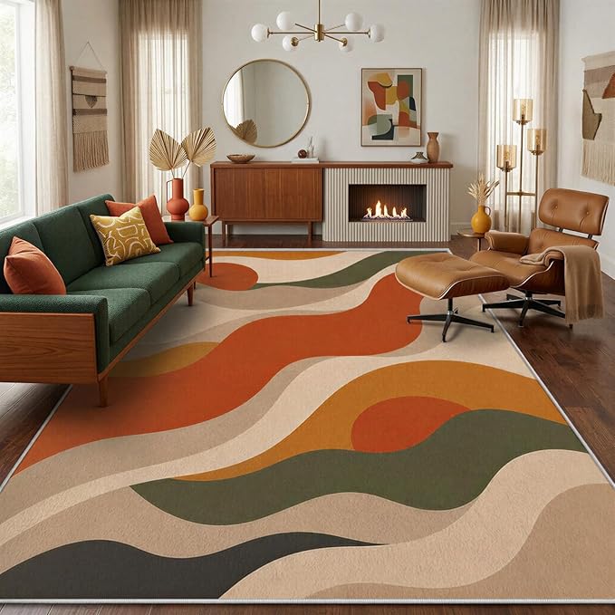 Burnt Orange Abstract Area Rug 4x6, Mid Century Modern Wave Rug, Retro Wavy Geometric Washable Low Pile Non Slip Rug for Living Room Bedroom