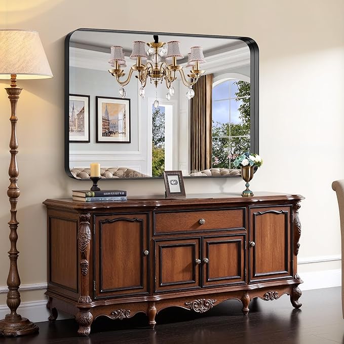 CIRCUMI Black Bathroom Mirror, 36"x50" Rectangular Mirror with Deep Metal Frame, Rounded Corner, Tempered Glass, Large Mirror for Wall, Over 2 Sinks, Installed Vertically/Horizontally, Crystal-Clear