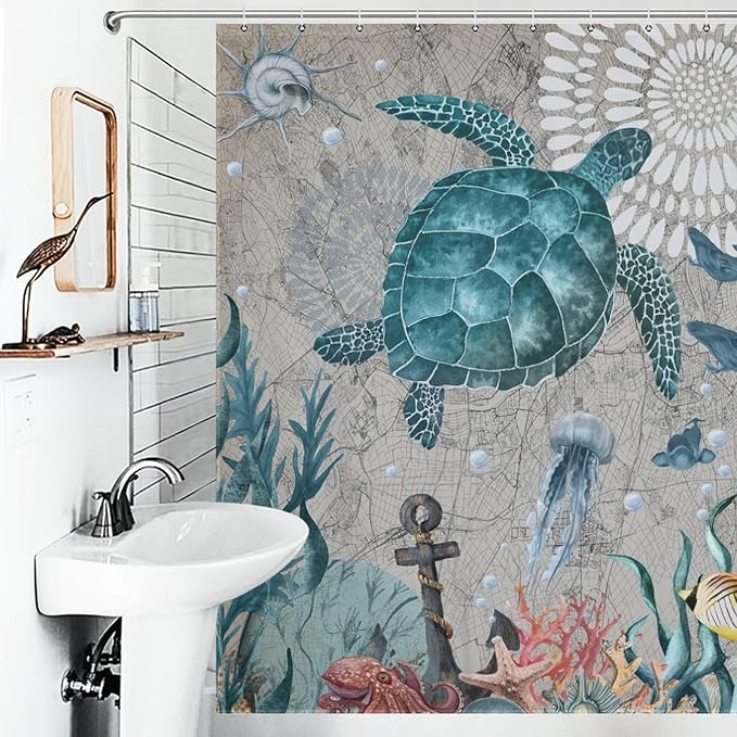 Sea Turtle Shower Curtain,Coastal Nautical Beach Teal Turtles Starfish Coral Reef Nautical Map Undersea Animal Polyester Fabric Bathroom Decor Set with Hooks,72x78Inch