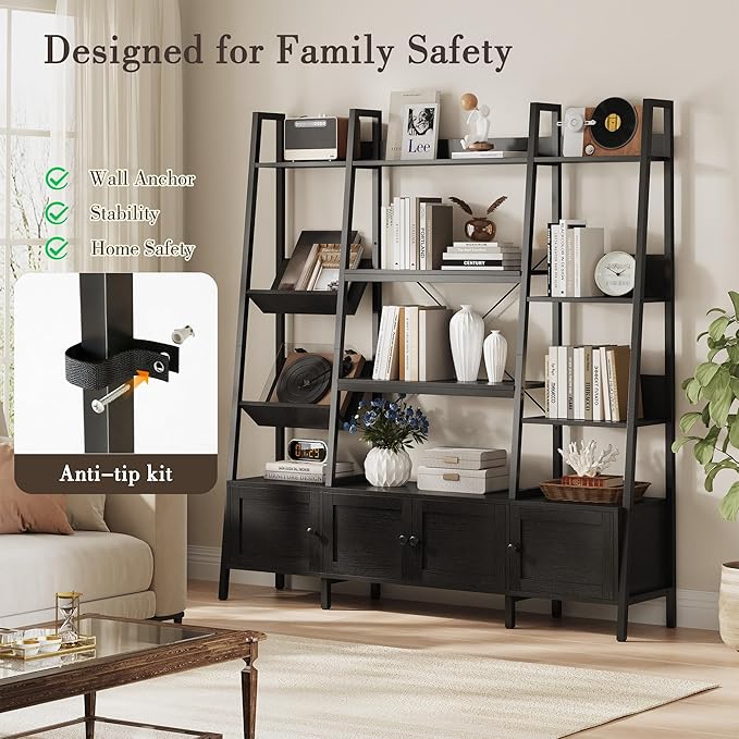 kepptory Large Ladder Bookshelf with 3 Storage Cabinets, Triple Wide 4-Tier Open Bookcase with Storage for Living Room, Bedroom, Home Office, Black