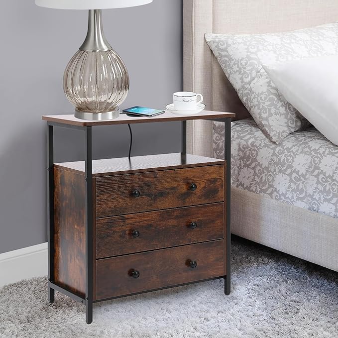 3 Wooden Drawers Nightstand, 27 Inch Wide Night Stand Set 2 with Charging Station and Adjustable Drawers, Small Dresser for Closet, Bedside Table for Living Room/Bedroom/Office, Retro Brown.