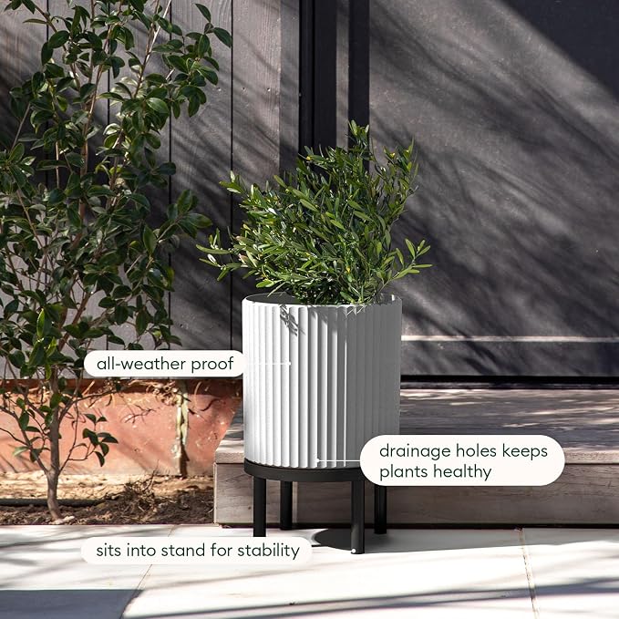 Veradek Demi Series Round Planter w/ Stand for Porch/Patio | Durable Plastic-Concrete & Wooden Stand | Modern Décor for Tall Plants, Flowers
