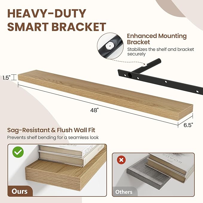 48 Inch Floating Shelves for Wall 2 Pack, 48" Wall Shelves for Books, Storage, Decor, Wall Mounted Floating Shelf with Invisible Brackets for Kitchen, Living Room, Oak
