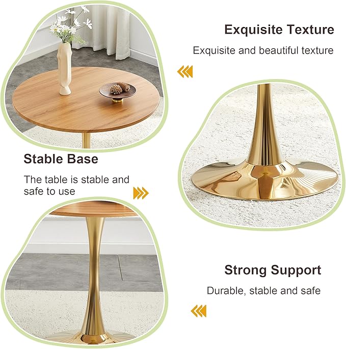 31.5 Inch Small Round Dining Table for 2-4 Person, Circle Tulip Table with Faux Wood MDF Top and Gold Metal Base,Mid Century Modern Bistro Table for Kitchen, Small Places,Living Room, Cafe