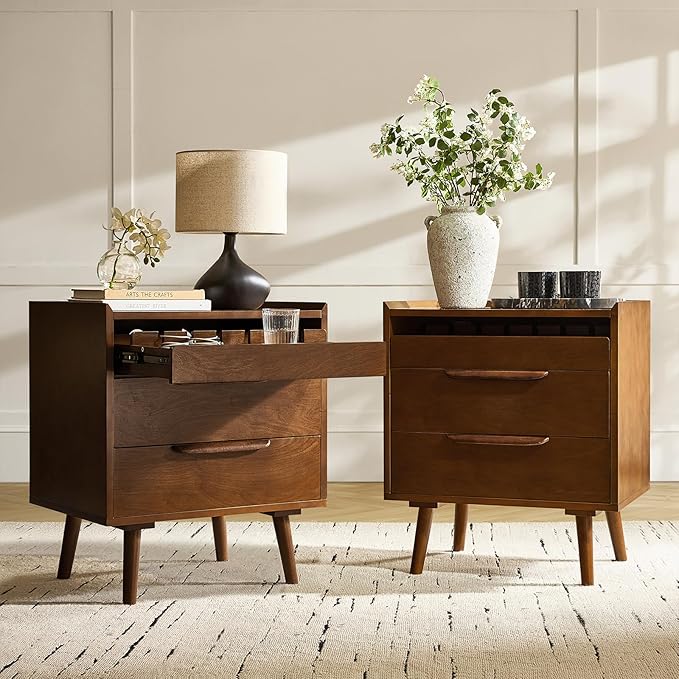 HULALA HOME 2 Drawer End Table with Pull-Out Shelf, Mid-Century Modern End Table with Wood Legs, Wood Side Table with Charging Station(Walnut, Set of 2)