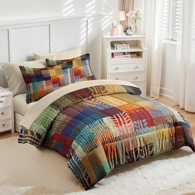Nesker Comforter Set Full Size, Boho Vintage Geometric 7 Pcs Bedding for Kids and Adults, Painting Colorful African Bed Sheet Sets with Fitted Sheet 2 Pillowcases & 2 Shams