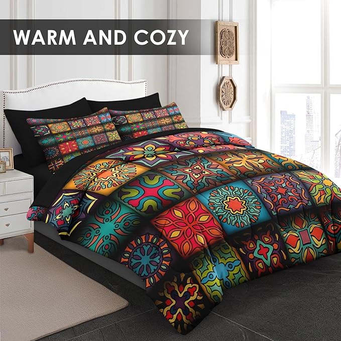 Pamnest Comforter Set Queen Size, Colorful Vintage Floral 7 Pcs Bedding for Kids and Adults, Mandala Bohemian Bed Sheet Sets with Fitted Sheet 2 Pillowcases & 2 Shams for Bedroom Bed Decor