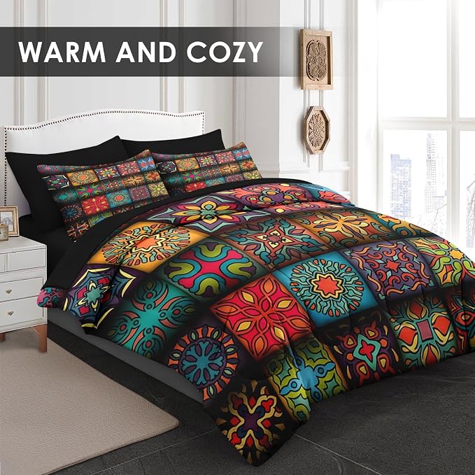 Pamnest Comforter Set Full Size, Mexico Colorful Mandala Vintage 7 Pcs Bedding for Kids and Adults, Bohemian Flower Bed Sheet Sets with Fitted Sheet 2 Pillowcases & 2 Shams for Bedroom Bed Decor